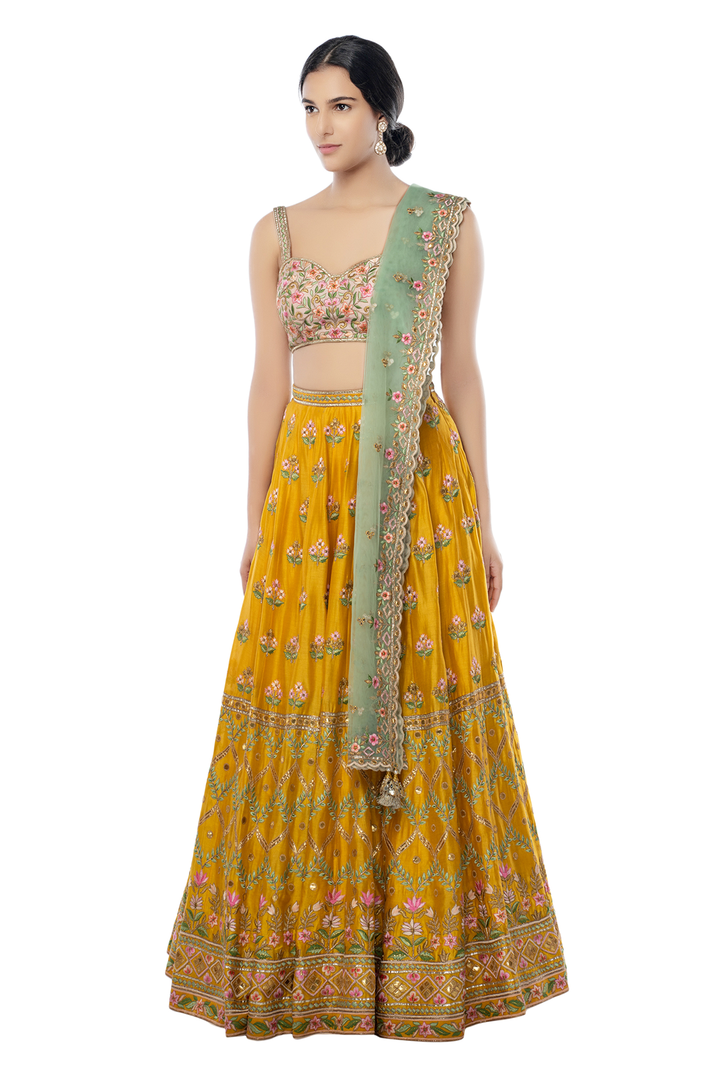 Mustard Lehenga with Resham, Gota
