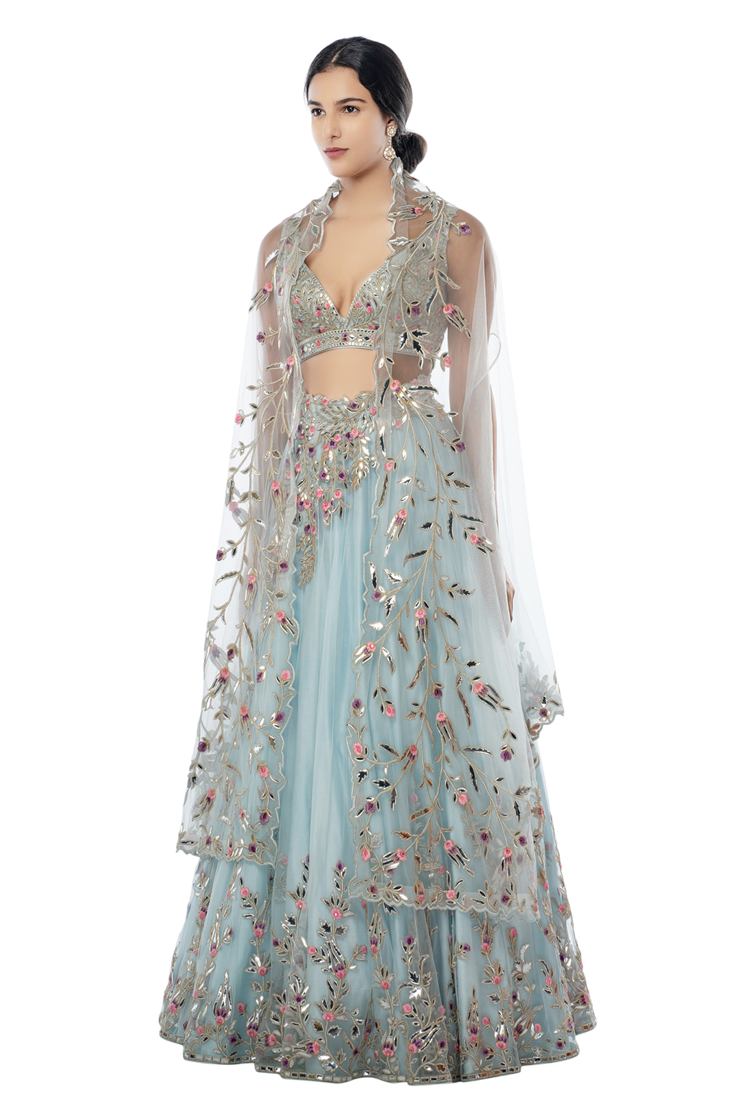 Light Blue Placement Foil Lehenga with Cape