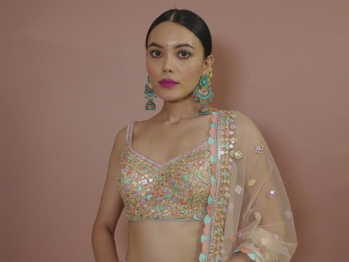 PEACH NET LEHENGA WITH RESHAM ,MIRROR AND DORI EMBROIDERY