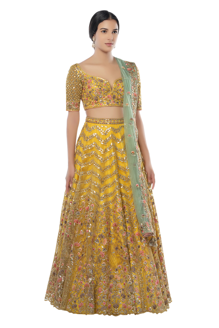 Yellow Net Lehenga with Foil, Resham