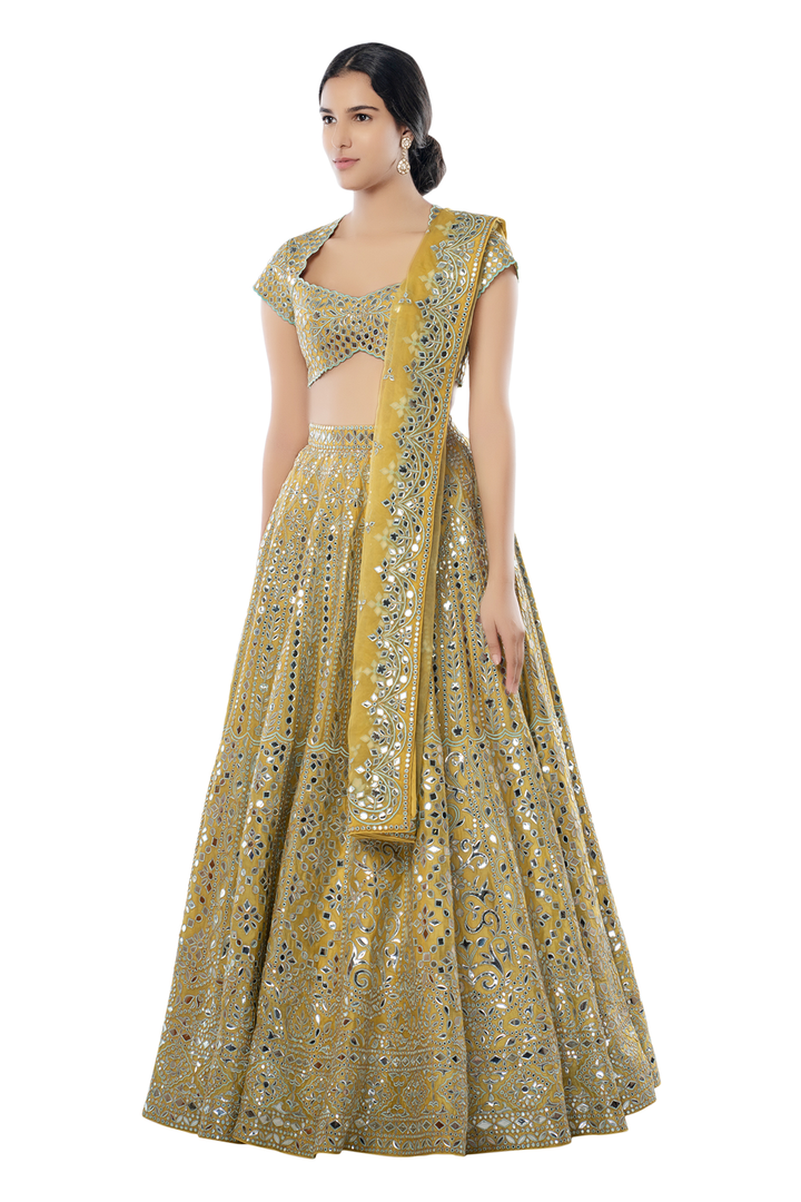 Yellow Chanderi Lehenga with Blue Resham and Foil
