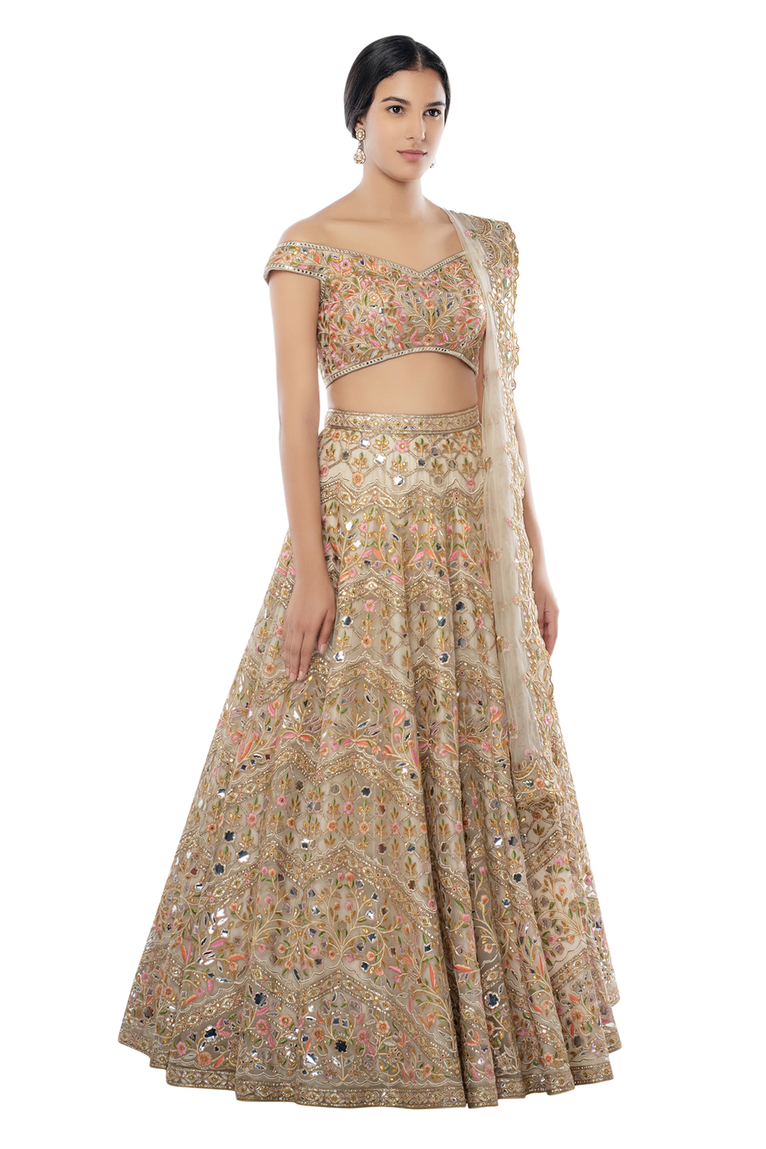 Ivory Net Lehenga With Foil, Gota Resham