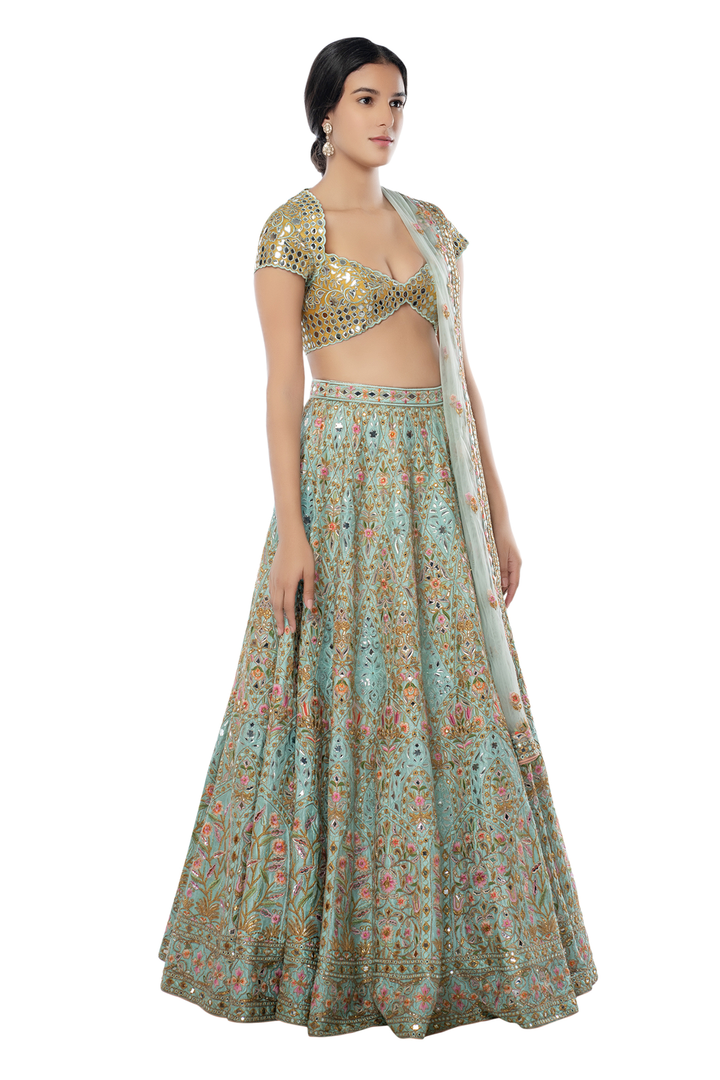 Powder Blue Raw Silk Lehenga with Resham, Foil