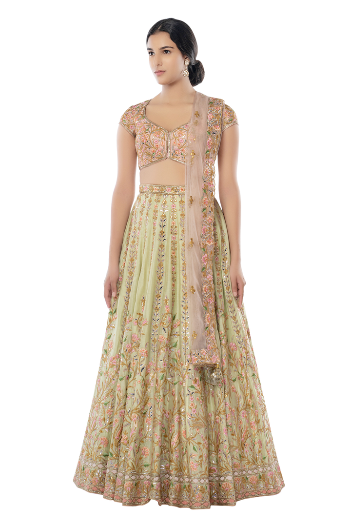 Mint Chanderi Lehenga with Pink Blouse