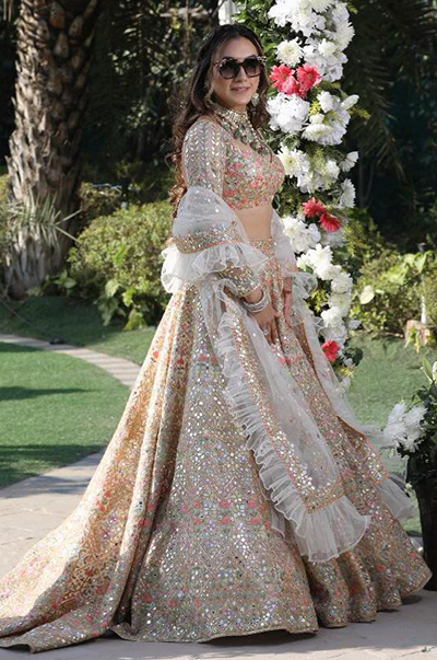 SEEMA DEWAN in Ivory Chanderi Resham, Gota, Foil Lehenga