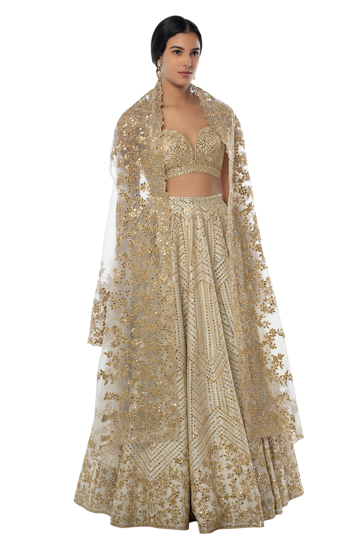 Ivory Chanderi Lehenga with Foil, Mirror and Gota