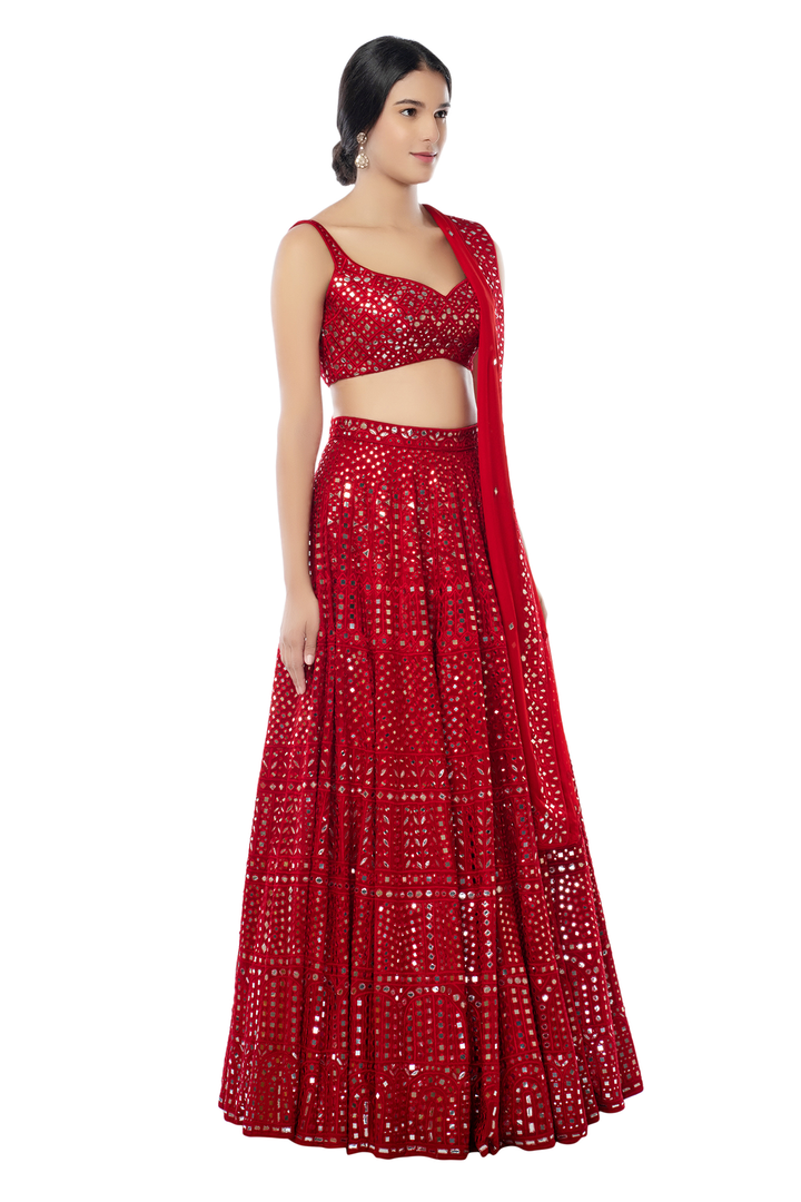 Red Geometry Lehenga