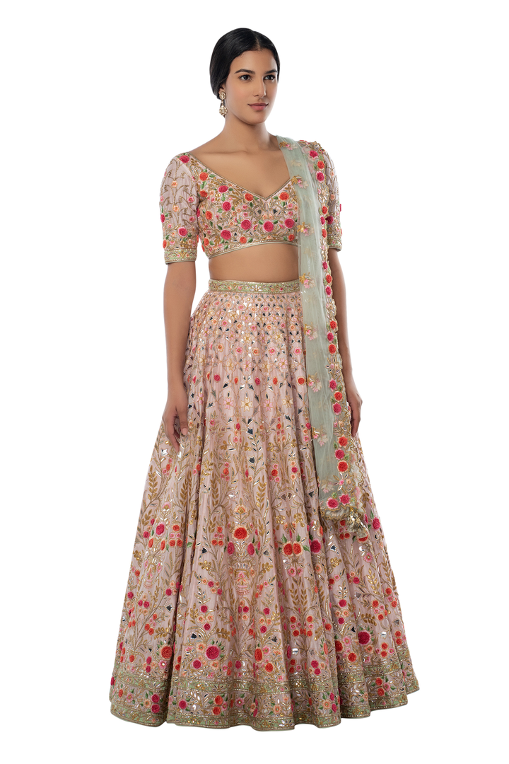 Light Pink Lehenga Set with 3D Flower Embroidery