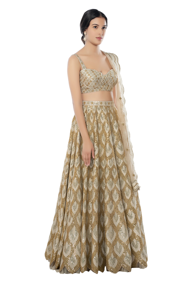 Ivory Heavy Resham Gold Lehenga Set