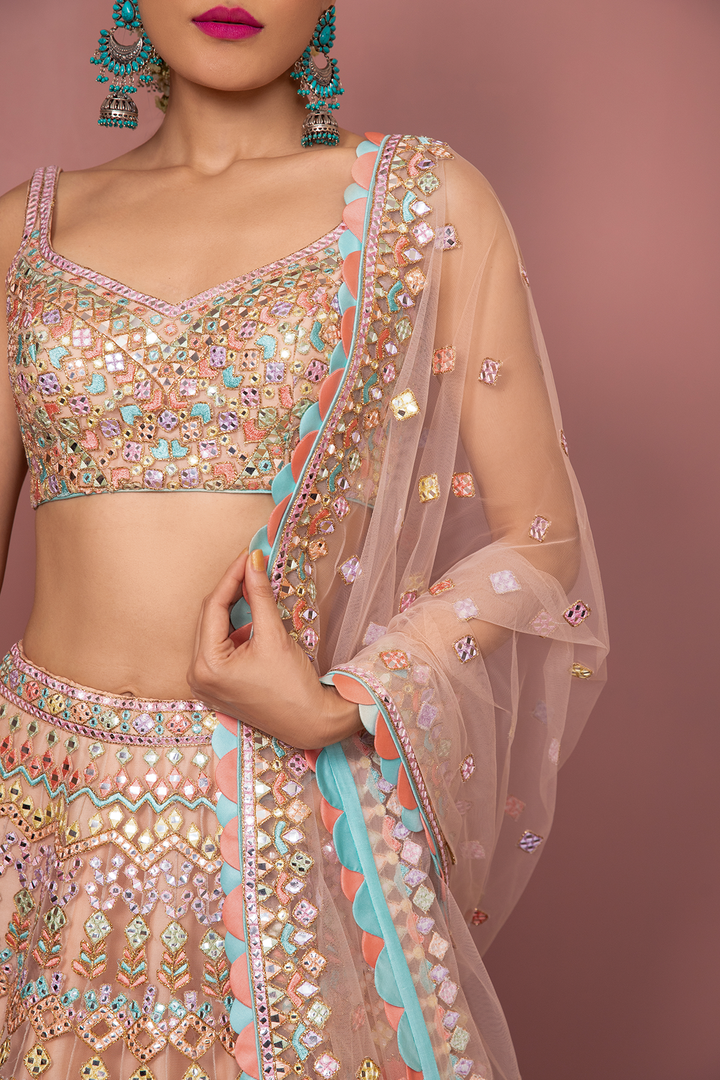PEACH NET LEHENGA WITH RESHAM ,MIRROR AND DORI EMBROIDERY