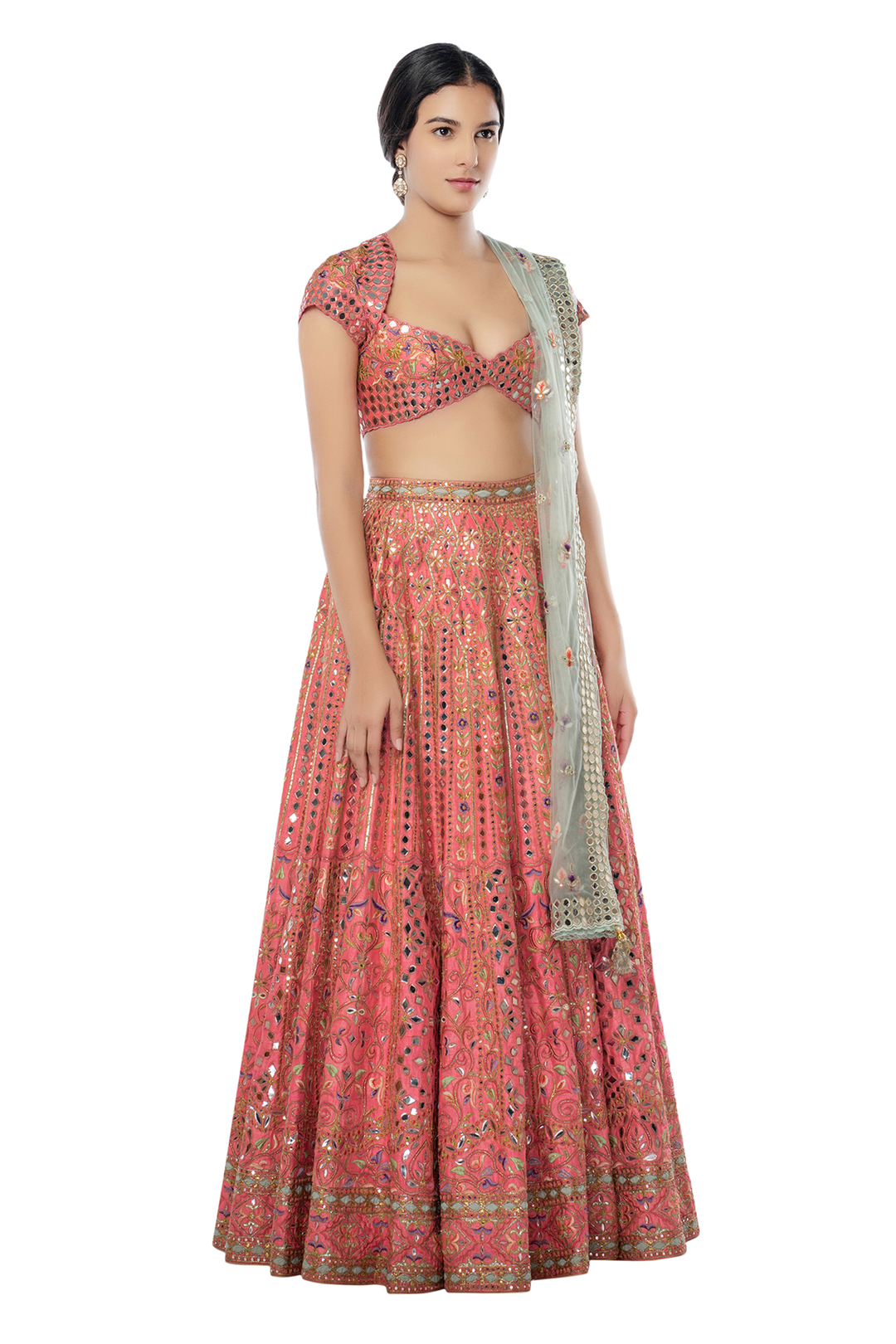Coral Raw Silk Lehenga With Foil, Resham