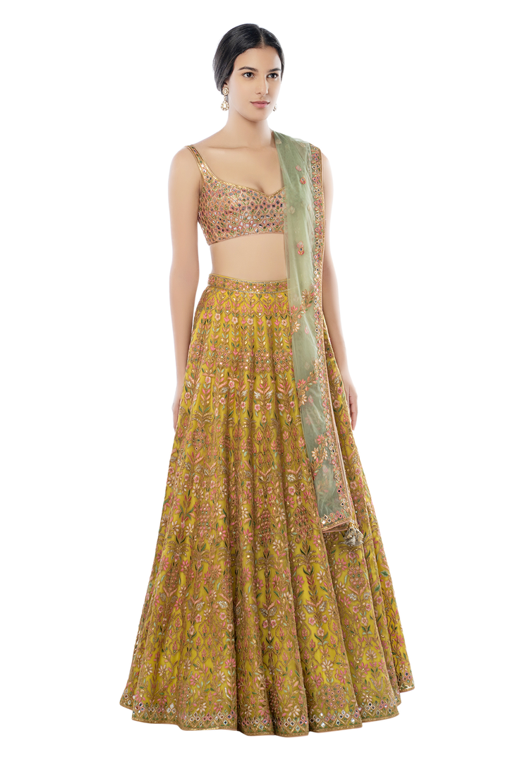 Green Foil Net Lehenga with Sage Green Dupatta