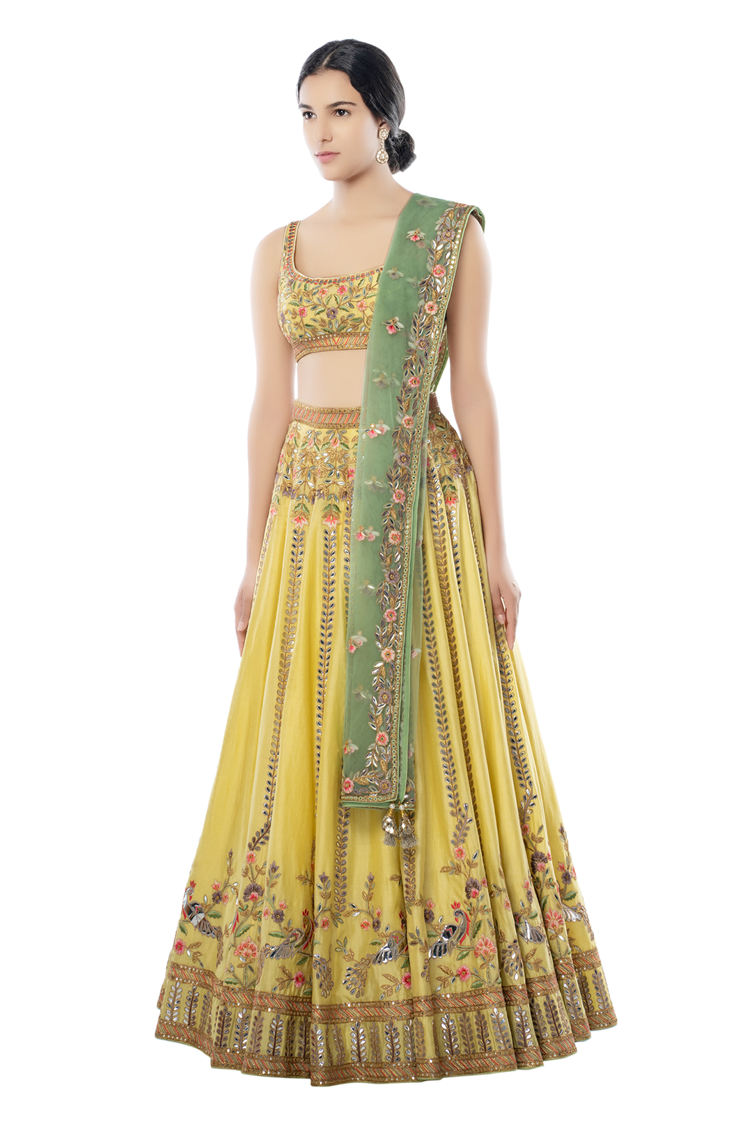 Lemon Yellow Peacock Foil Lehenga