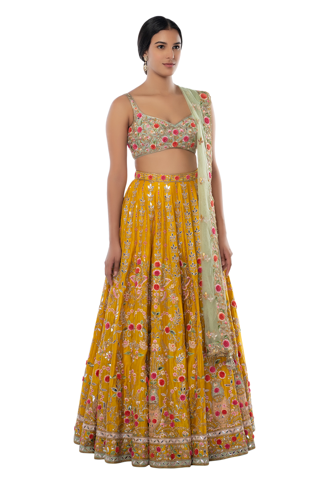 Mustard 3D Flower Lehenga With Mint Blouse And Dupatta