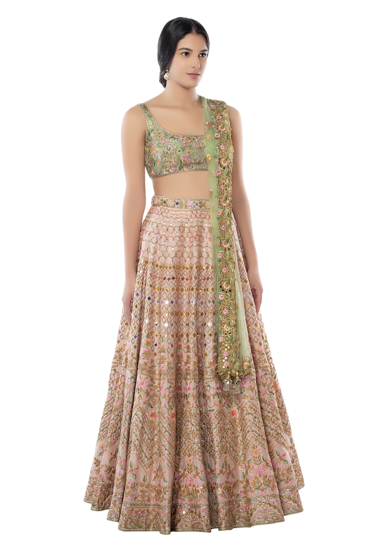 Light Pink Lehenga with Mint Blouse and Dupatta