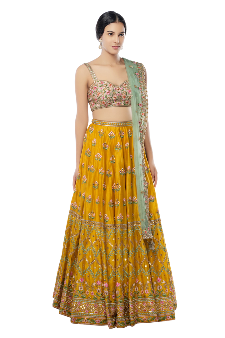 Mustard Lehenga with Resham, Gota