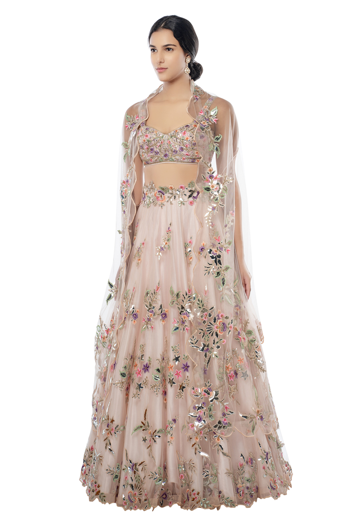 Blush Pink Lehenga with Foil Placement Cape Dupatta