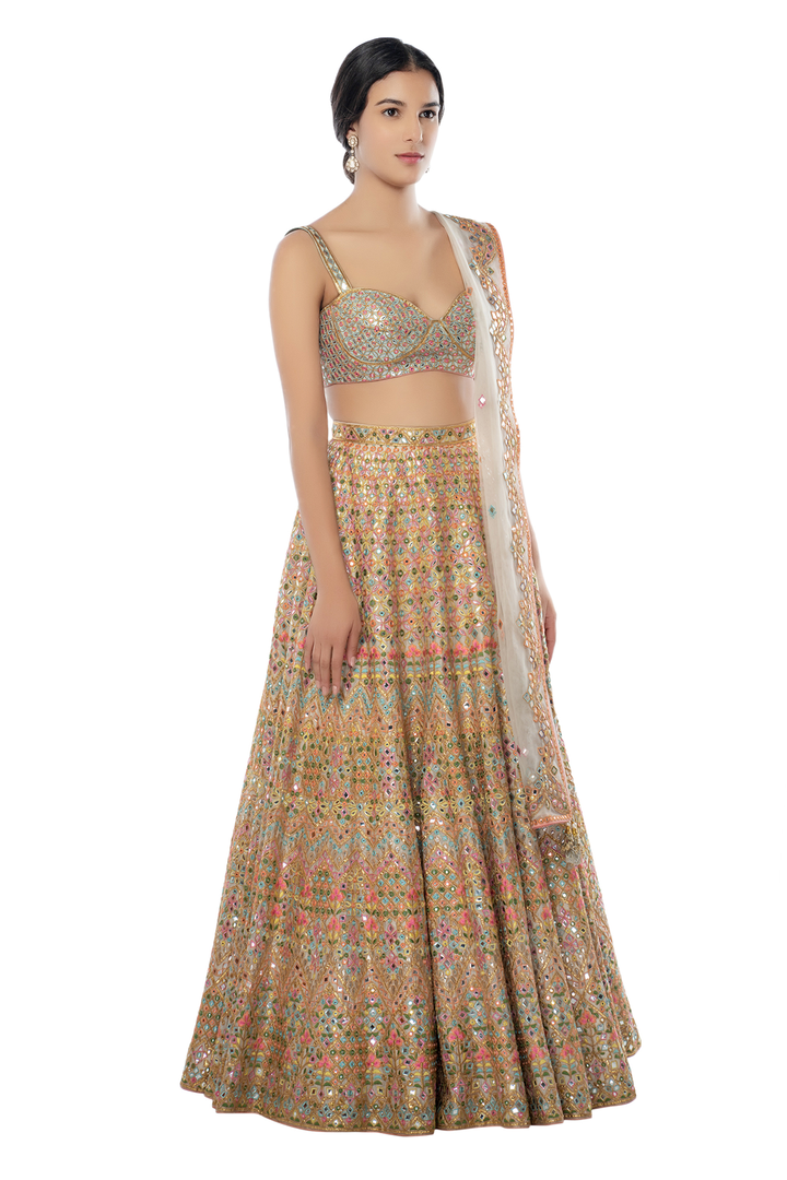 Ivory Chanderi Resham, Gota, Foil Lehenga Set