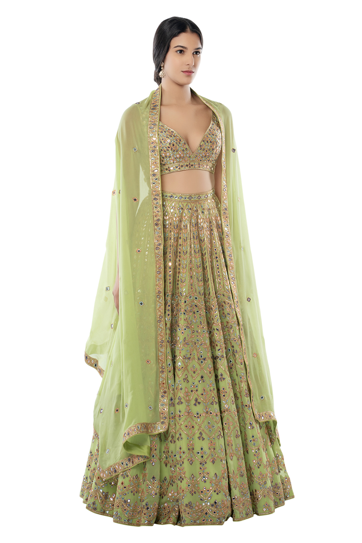 Pista Green Light Jaal Lehenga