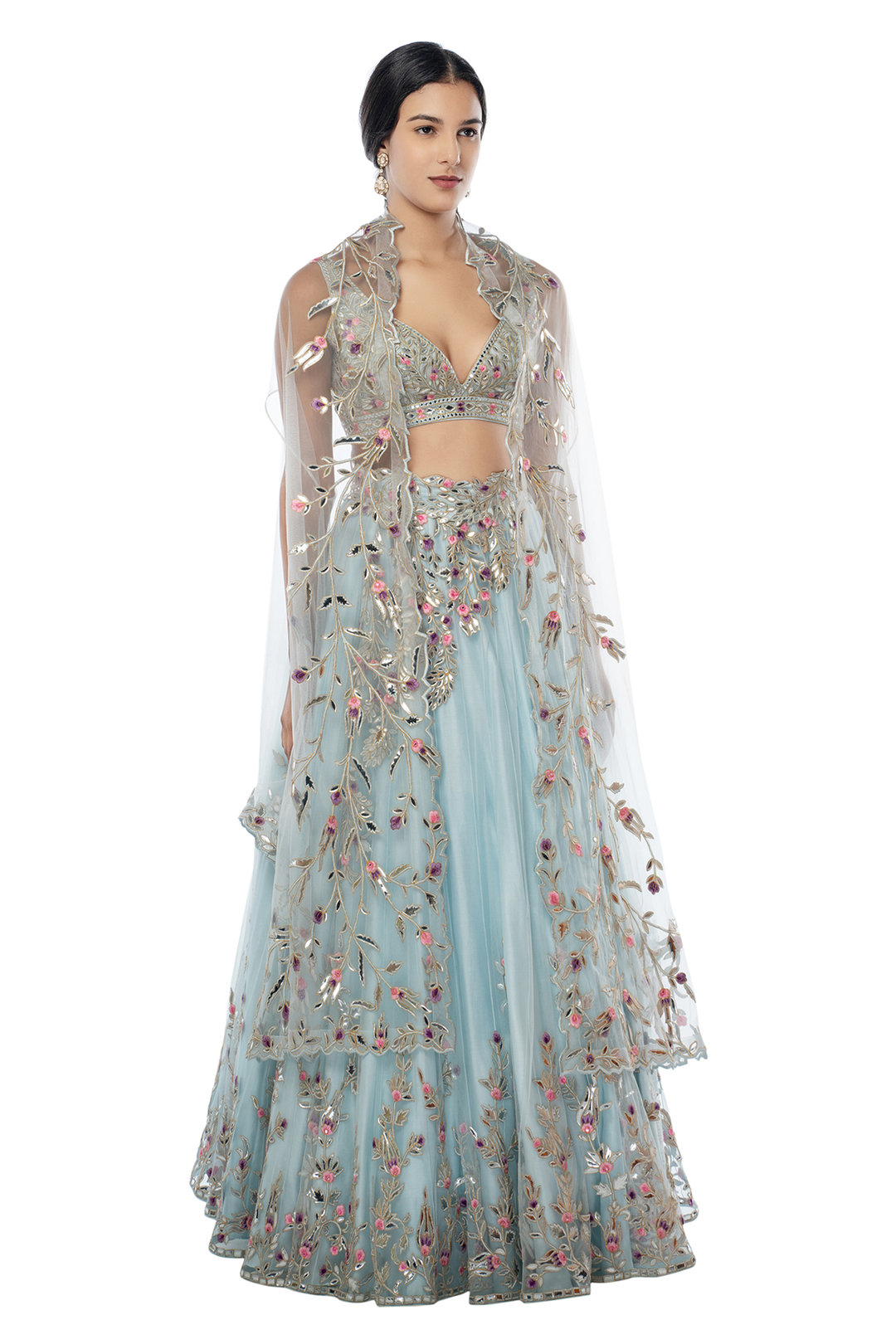 Light Blue Placement Foil Lehenga with Cape