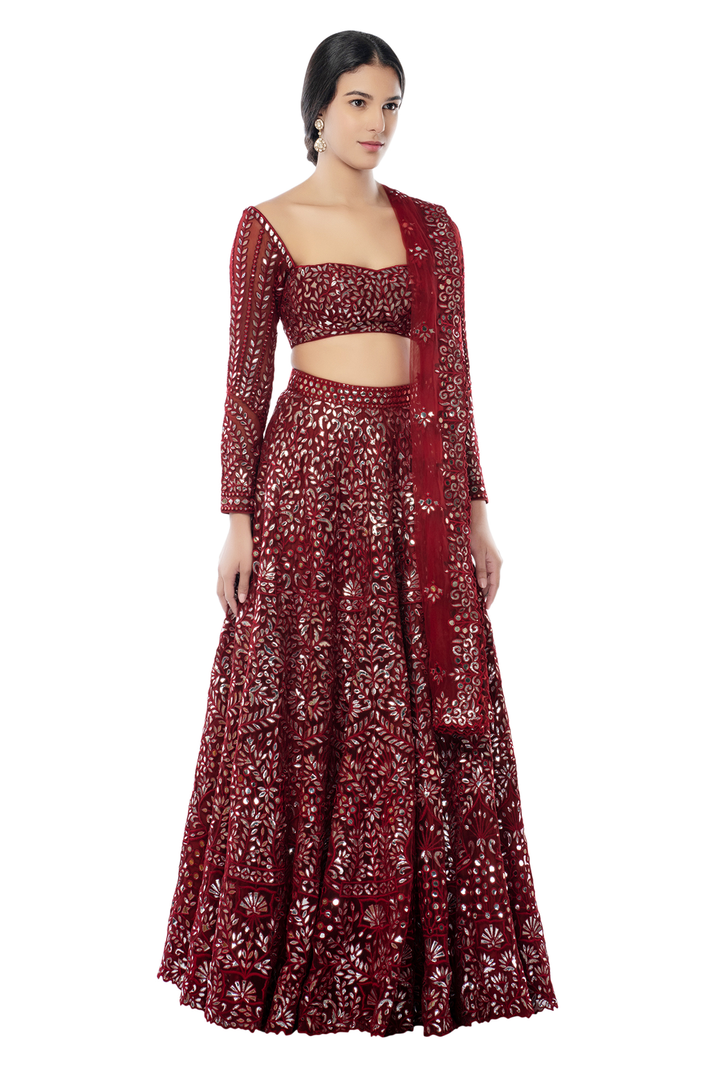 Maroon Net Foil Lehenga