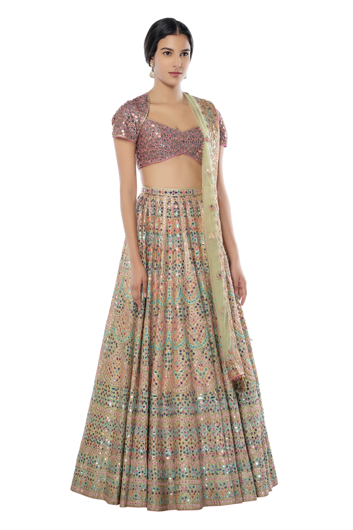 Mint Green Lehenga with Scallop Embroidery in Resham, Foil