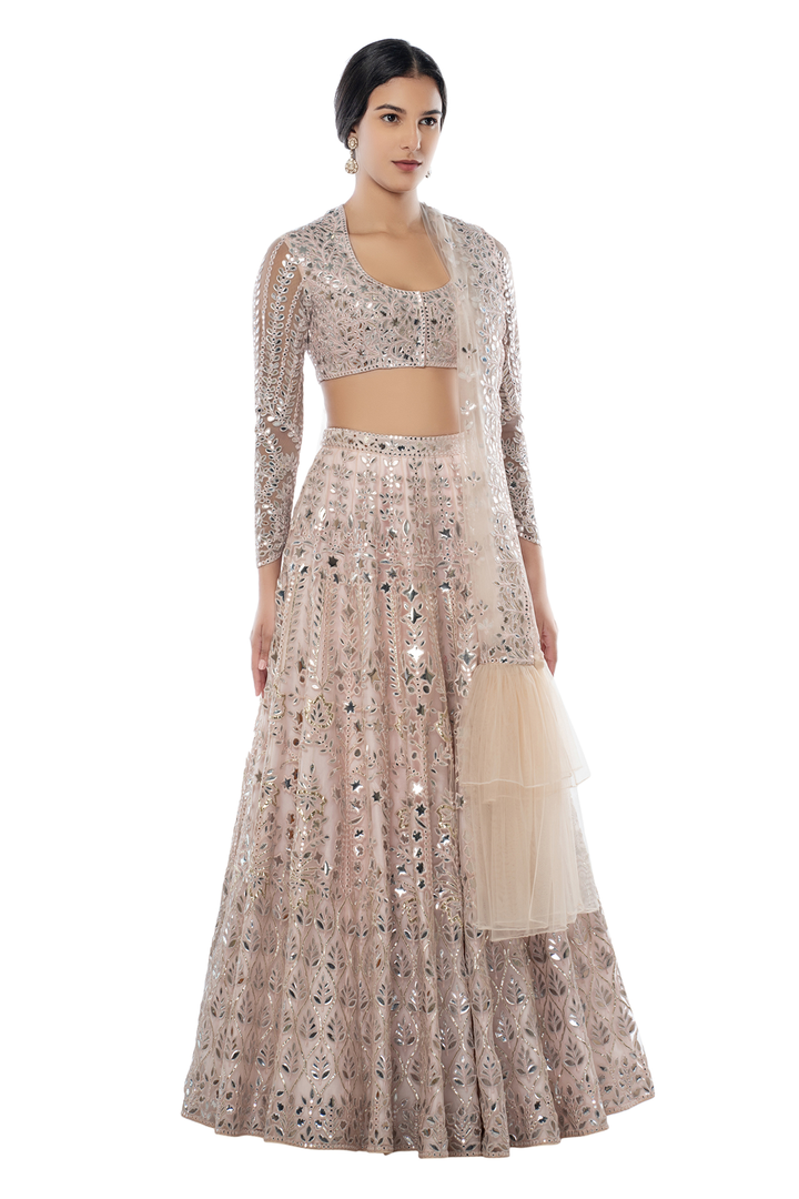 Light Pink Heavy Foil Lehenga with Frill Dupatta