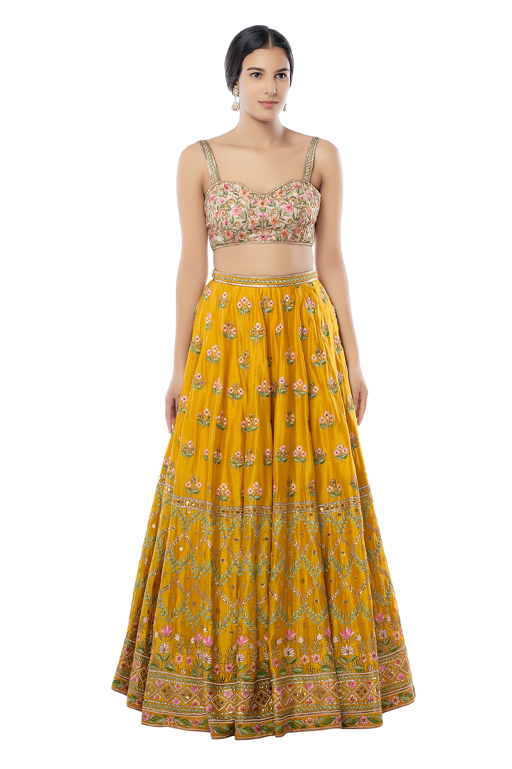 Mustard Lehenga with Resham, Gota