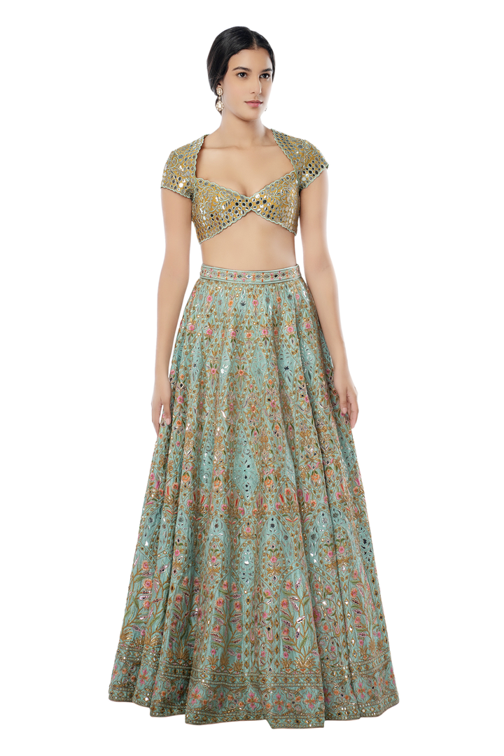 Powder Blue Raw Silk Lehenga with Resham, Foil