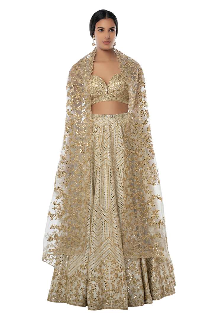 Ivory Chanderi Lehenga with Foil, Mirror and Gota