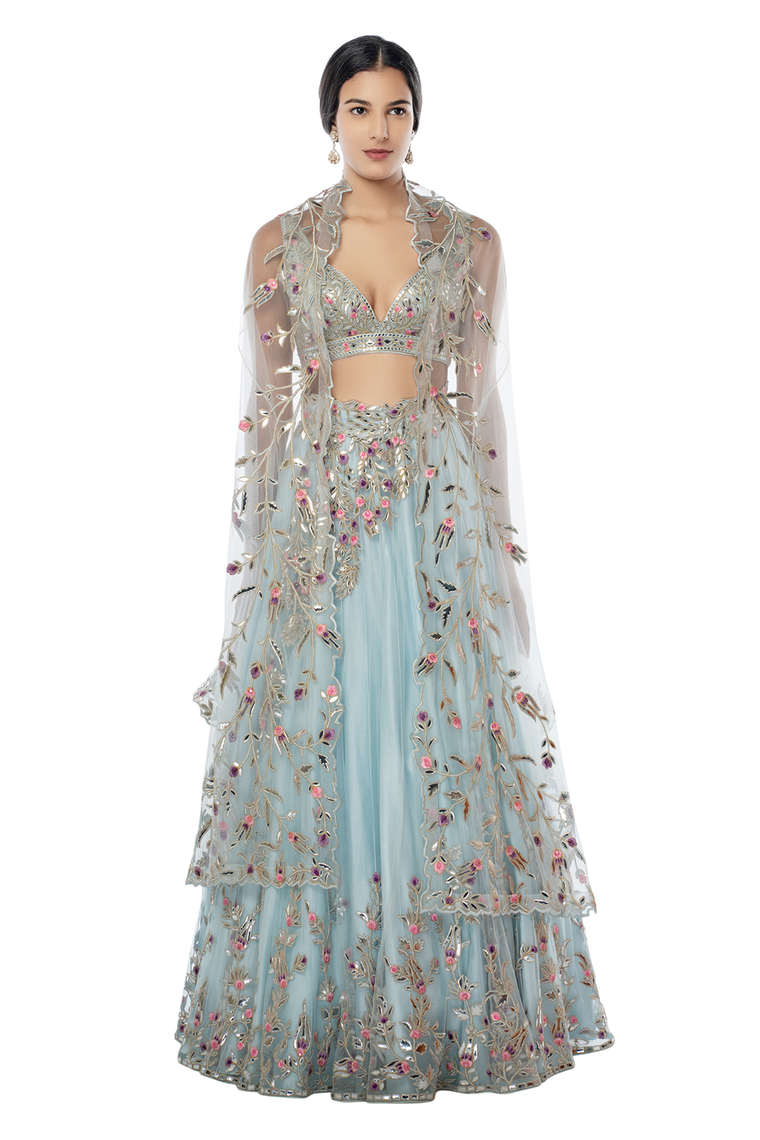 Light Blue Placement Foil Lehenga with Cape