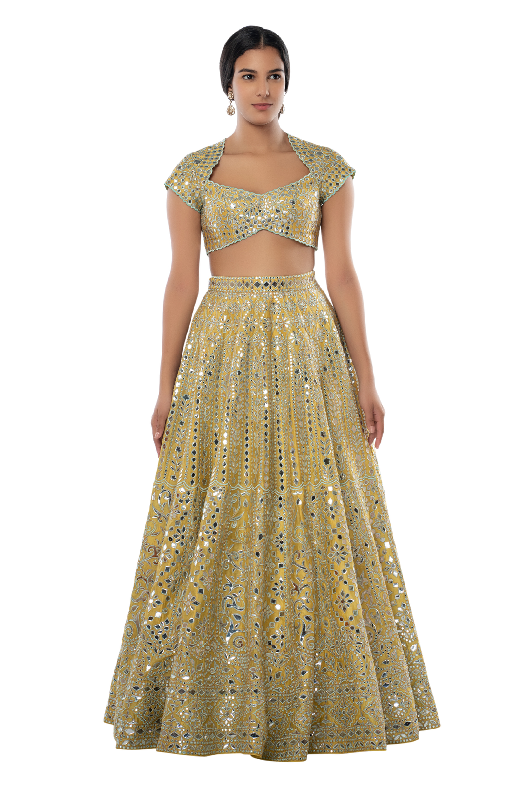 Yellow Chanderi Lehenga With Blue Resham And Foil