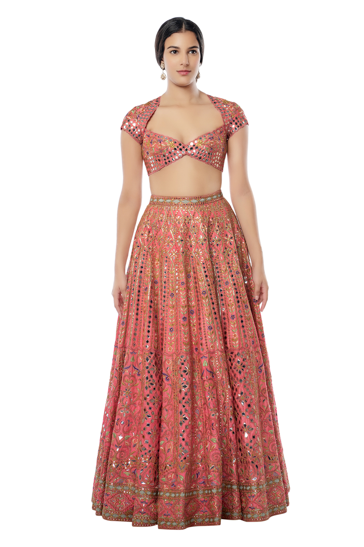 Coral Raw Silk Lehenga with Foil, Resham