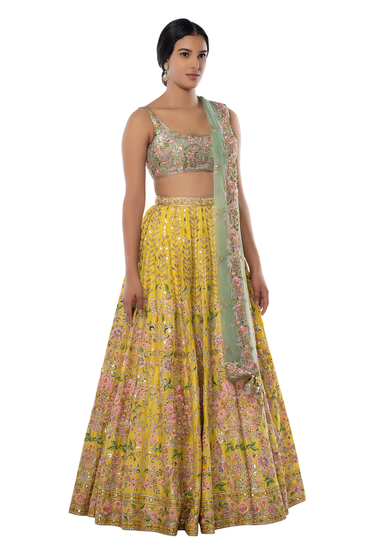 Bright Yellow Chanderi Lehenga with Resham