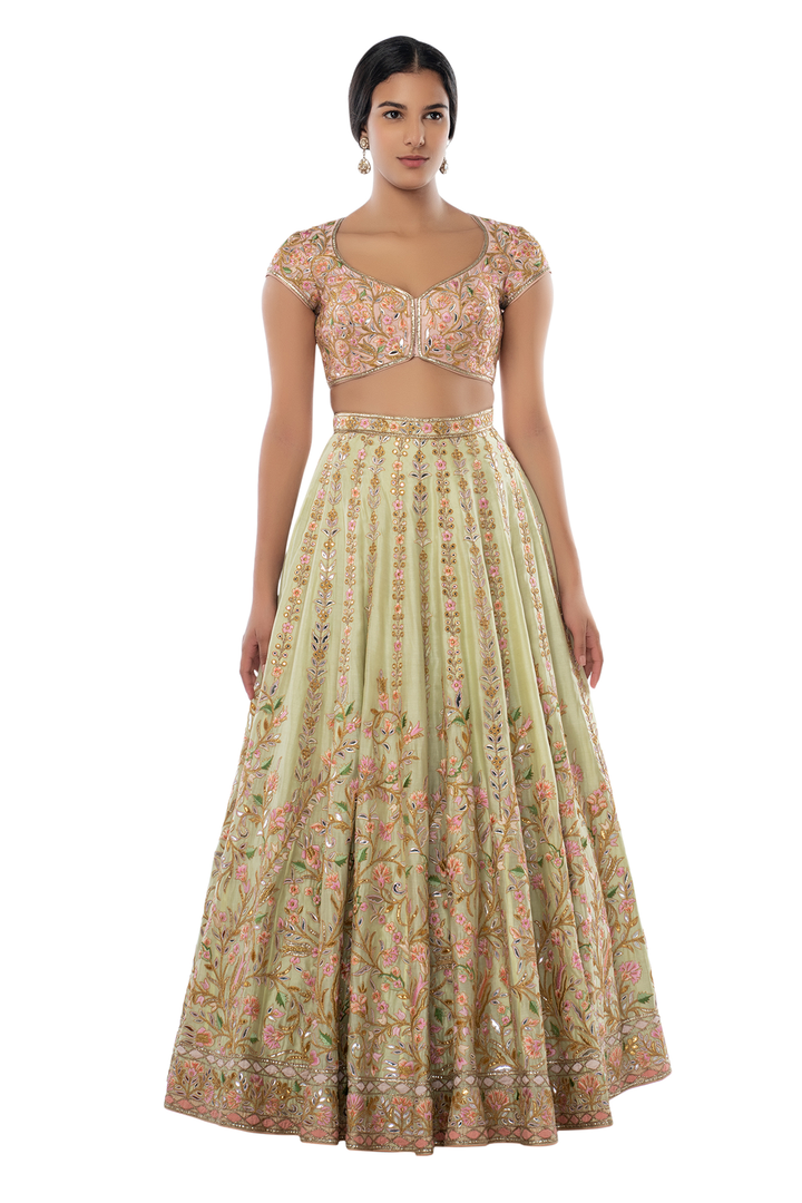 Mint Chanderi Lehenga with Pink Blouse