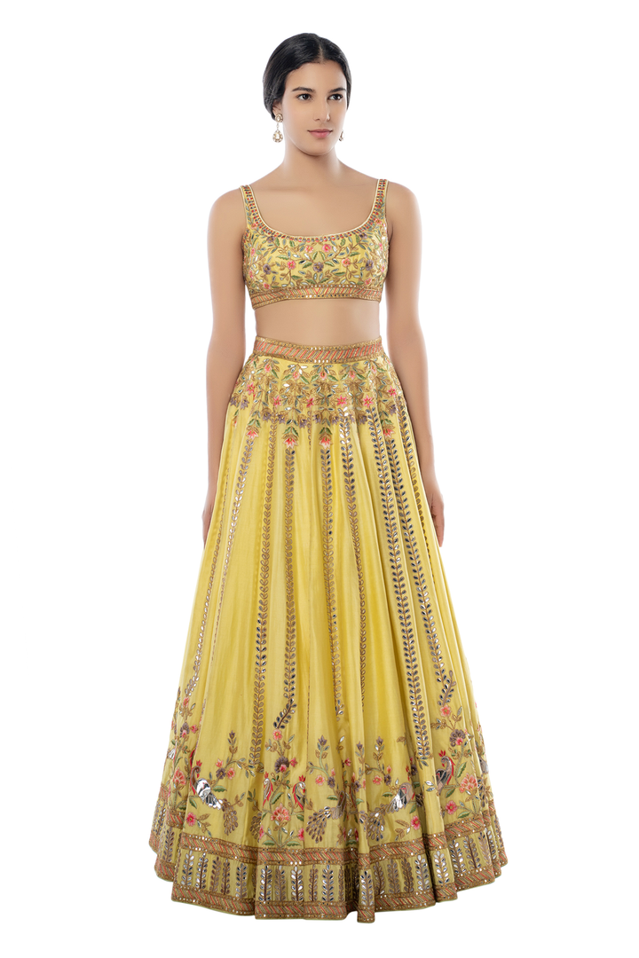 Lemon Yellow Peacock Foil Lehenga