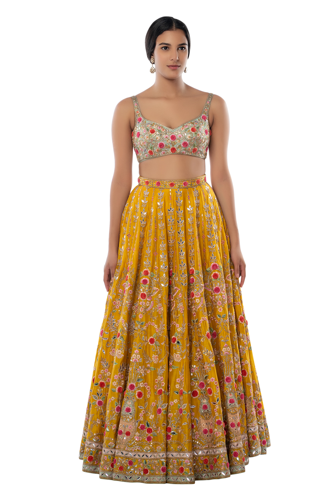 Mustard 3D Flower Lehenga With Mint Blouse And Dupatta