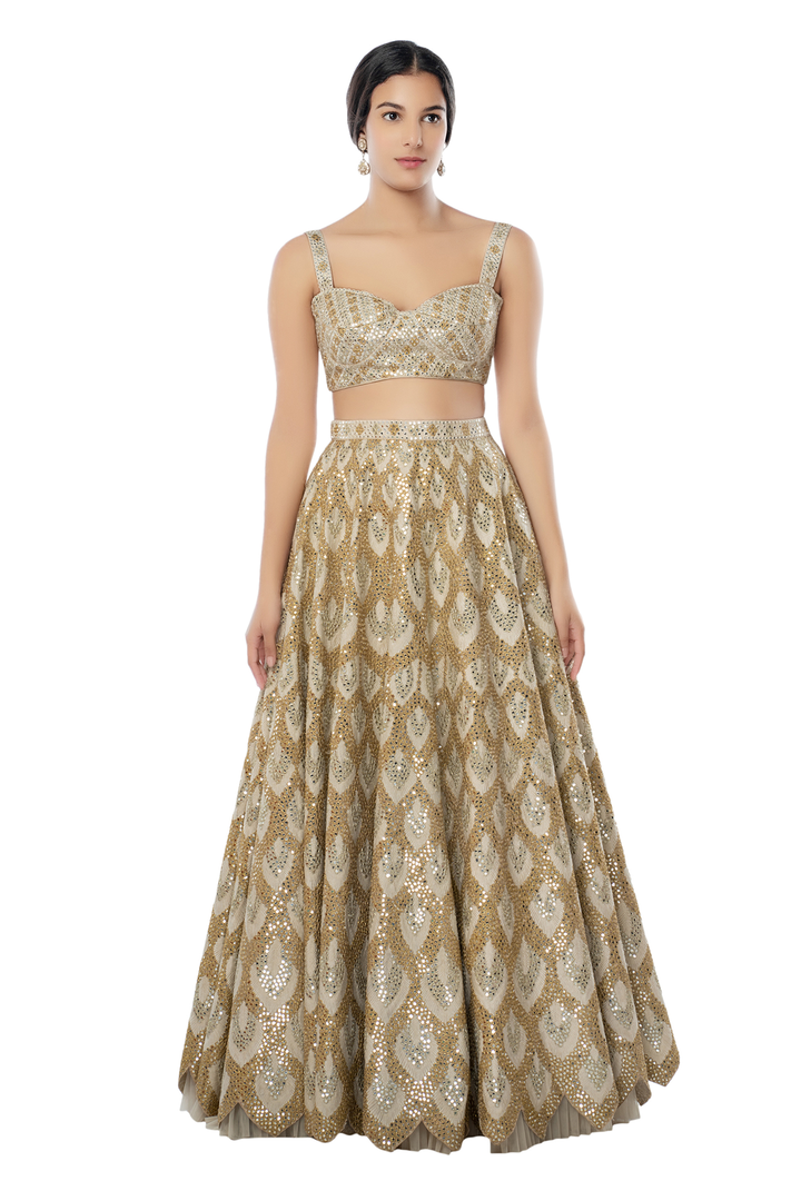 Ivory Heavy Resham Gold Lehenga Set