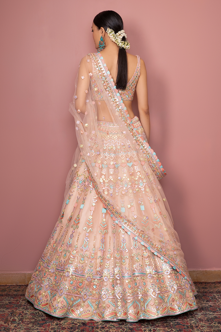 PEACH NET LEHENGA WITH RESHAM ,MIRROR AND DORI EMBROIDERY