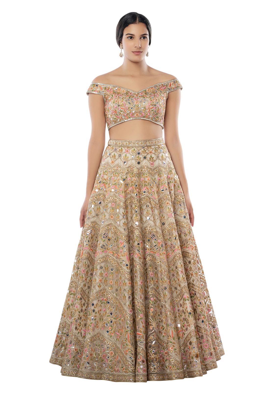 Ivory Net Lehenga With Foil, Gota Resham