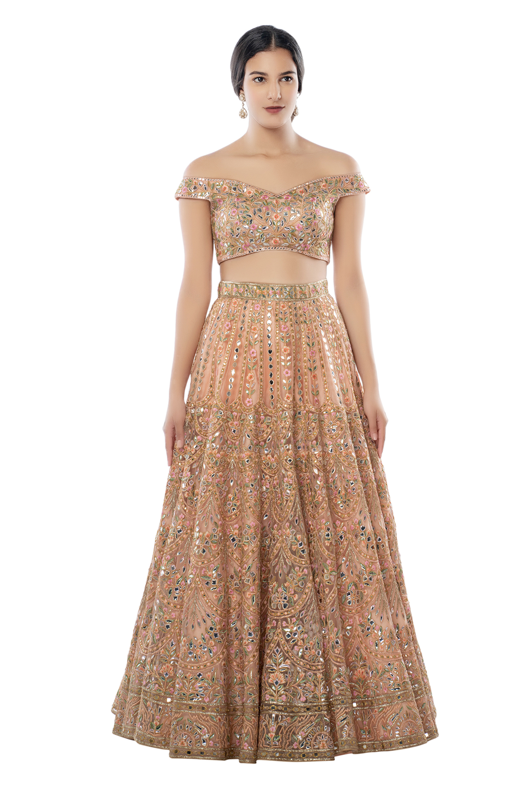 Peach Net Lehenga with Off Shoulder Blouse