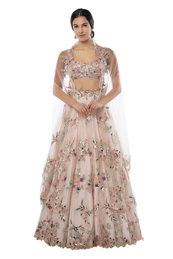 Blush Pink Lehenga with Foil Placement Cape Dupatta