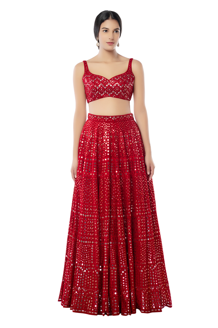 Red Geometry Lehenga