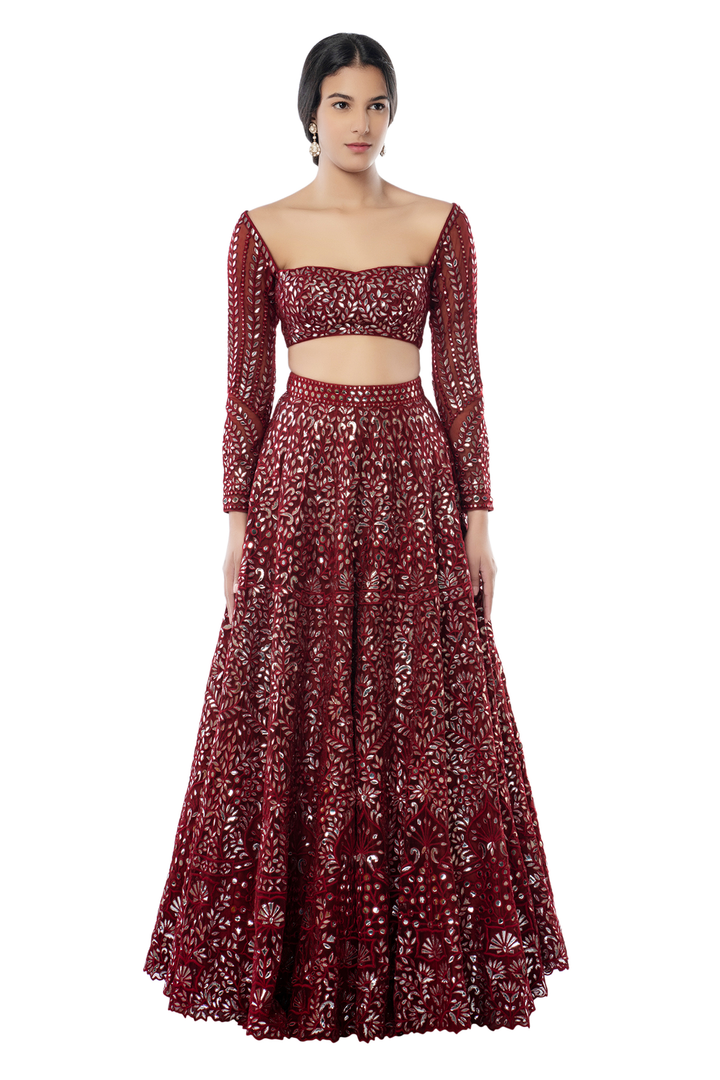 Maroon Net Foil Lehenga