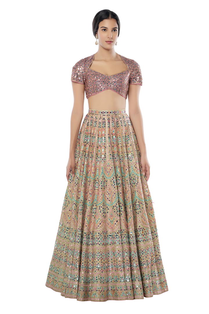 Mint Green Lehenga with Scallop Embroidery in Resham, Foil