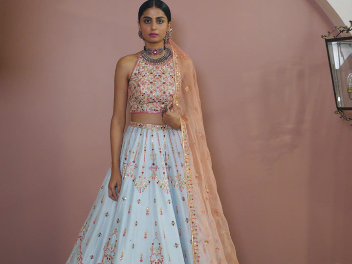 BLUE LEHENGA WITH HALTER BLOUSE