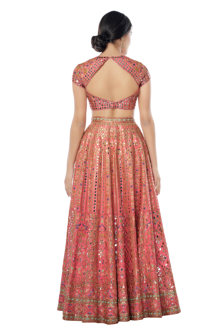 Coral Raw Silk Lehenga with Foil, Resham