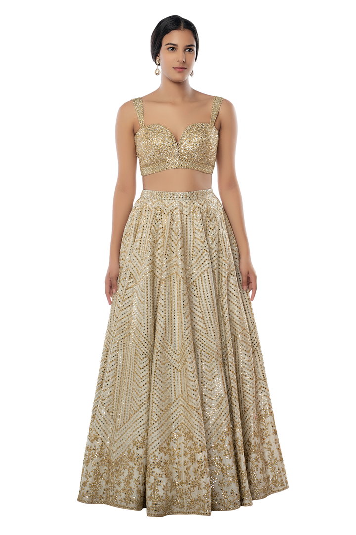 Ivory Chanderi Lehenga with Foil, Mirror and Gota