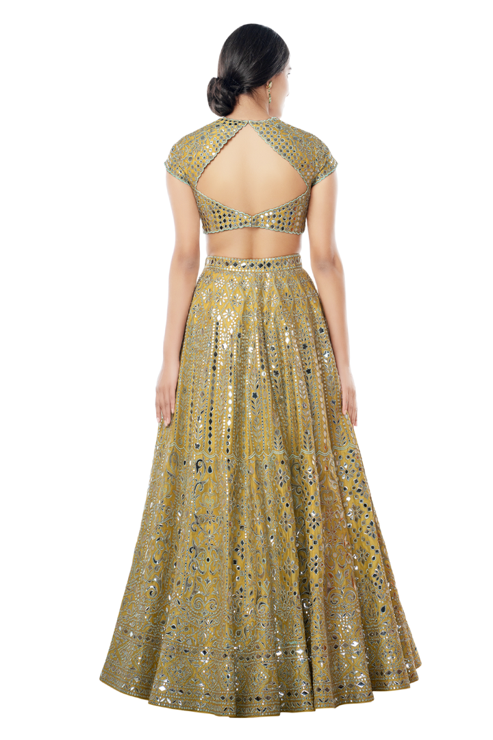 Yellow Chanderi Lehenga with Blue Resham and Foil