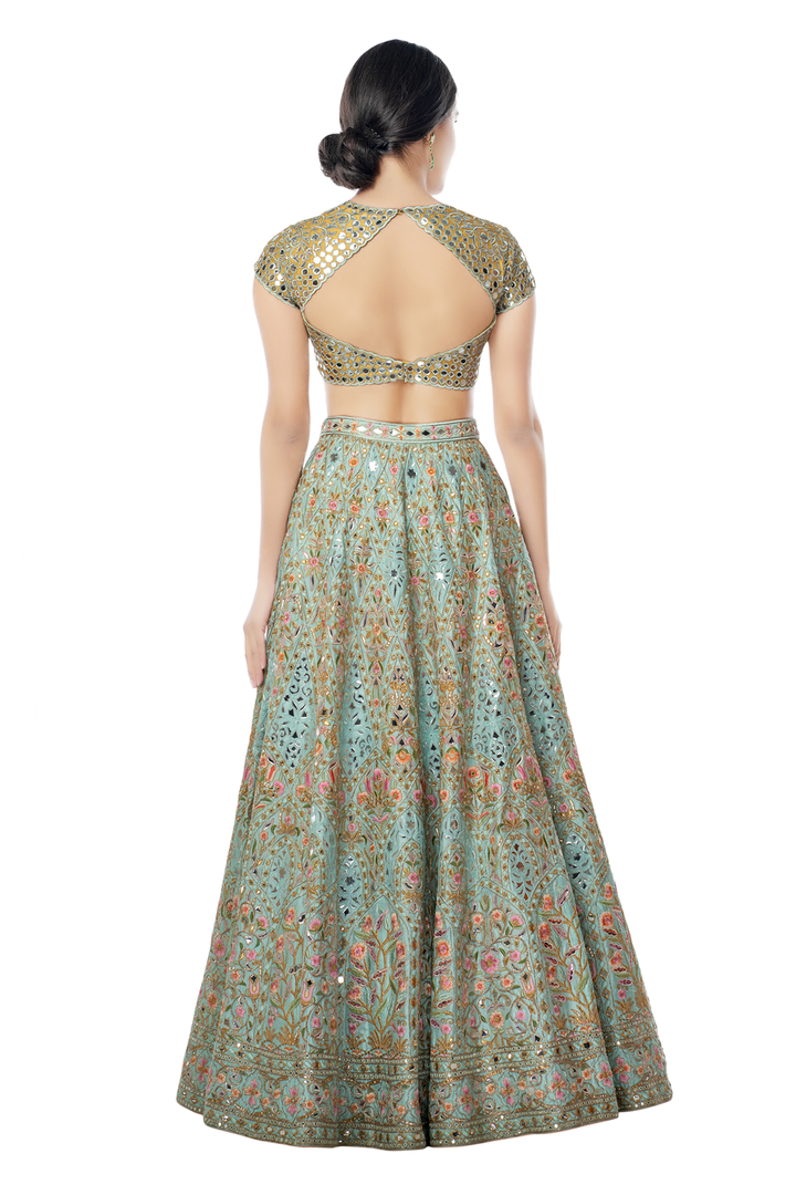 Powder Blue Raw Silk Lehenga with Resham, Foil